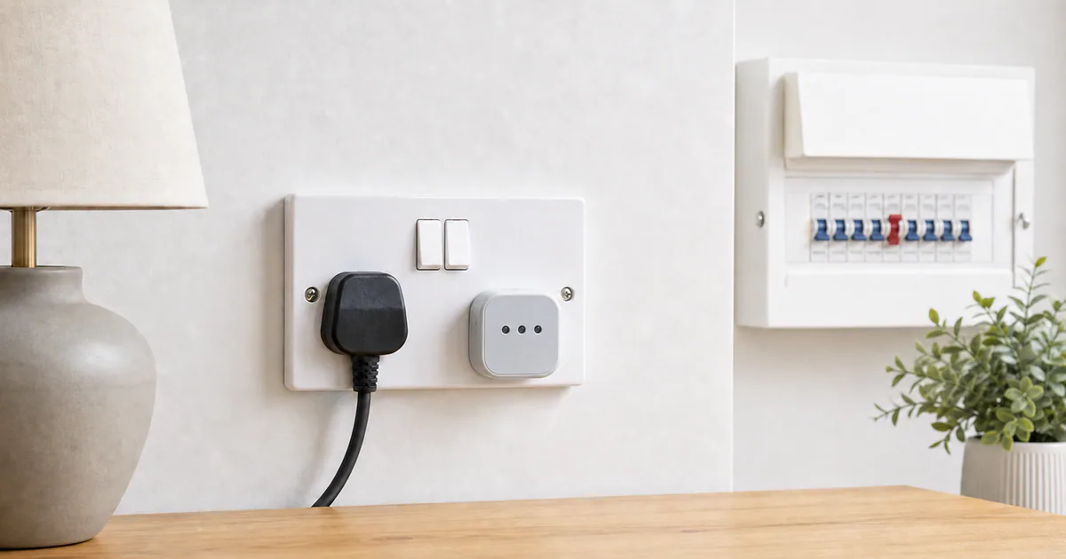A lamp connected to a UK double socket beside a plug-in tester, with a consumer unit in the background