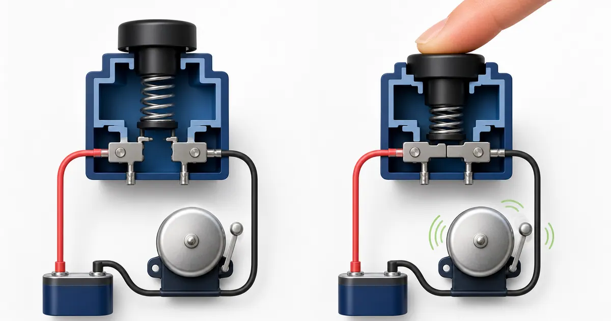 Cutaway comparison of a normally open push button released with separated contacts and pressed with closed contacts, causing a bell to ring