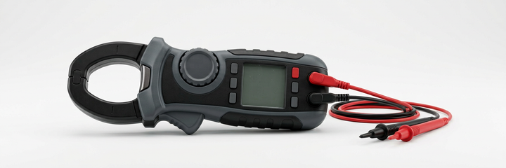 Photorealistic digital clamp meter with split-core jaws, rotary dial and test leads