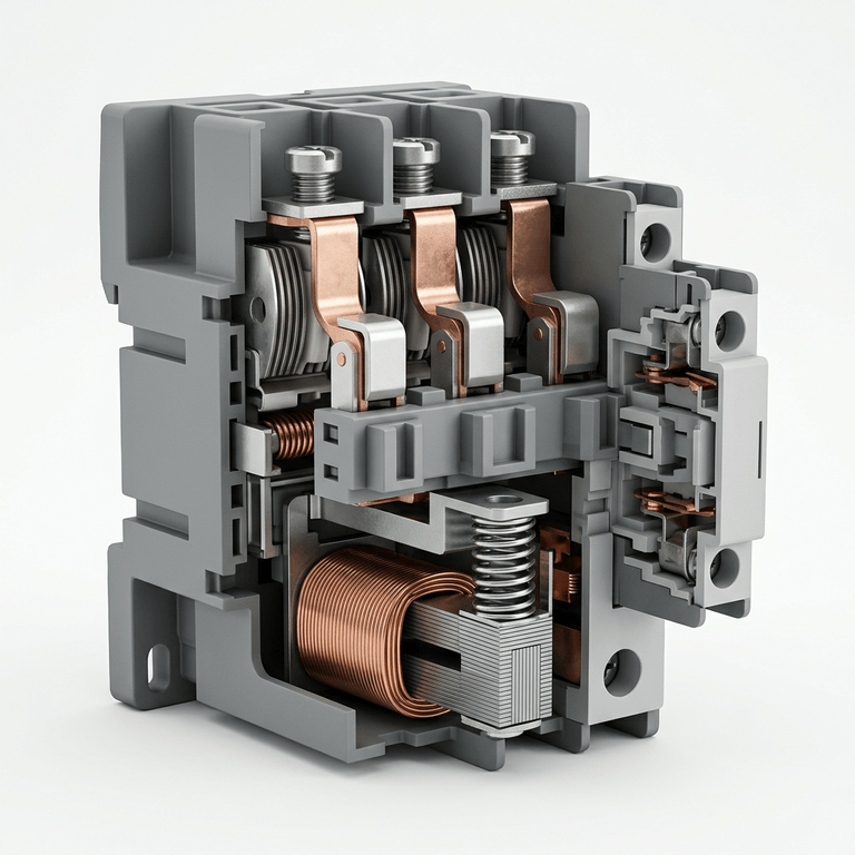 Cutaway of a three-pole contactor showing the operating coil, armature, return spring, double-break contacts, arc chutes and auxiliary block