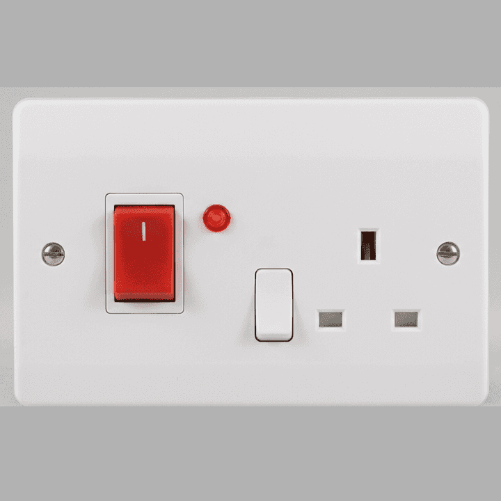 Photorealistic cooker control unit with 45 A switch and 13 A socket