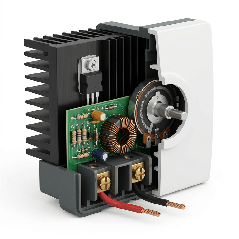 Cutaway of a dimmer switch showing the TRIAC on its heat sink, suppression choke, potentiometer and timing network