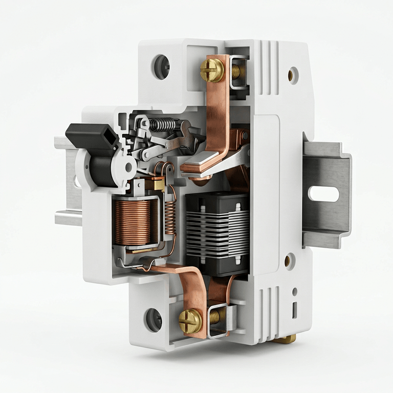 Cutaway of a miniature circuit breaker with the case sectioned away, showing the trip latch, magnetic coil, bimetal strip, arc chute, main contacts and terminal clamps
