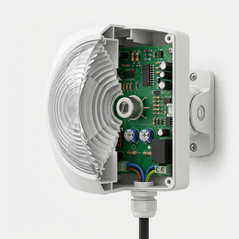 Cutaway of a PIR motion sensor showing the Fresnel lens, pyroelectric element, amplifier board, adjustment trimmers and cable gland