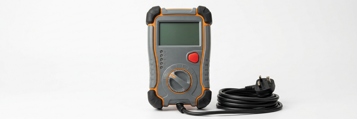 Photorealistic RCD tester with rotary selector, display and mains lead