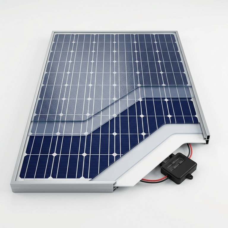 Cutaway of a solar PV panel showing the tempered glass, encapsulant, silicon cells with busbar ribbons, backsheet and frame