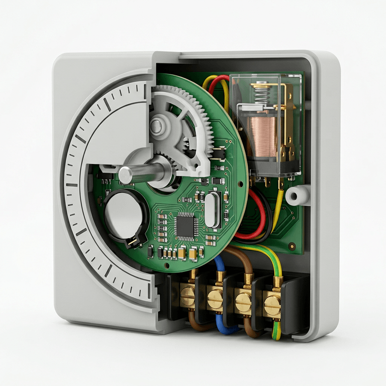 Cutaway of a timer switch showing the timer electronics, output relay, backup cell, dial cam and rear terminals