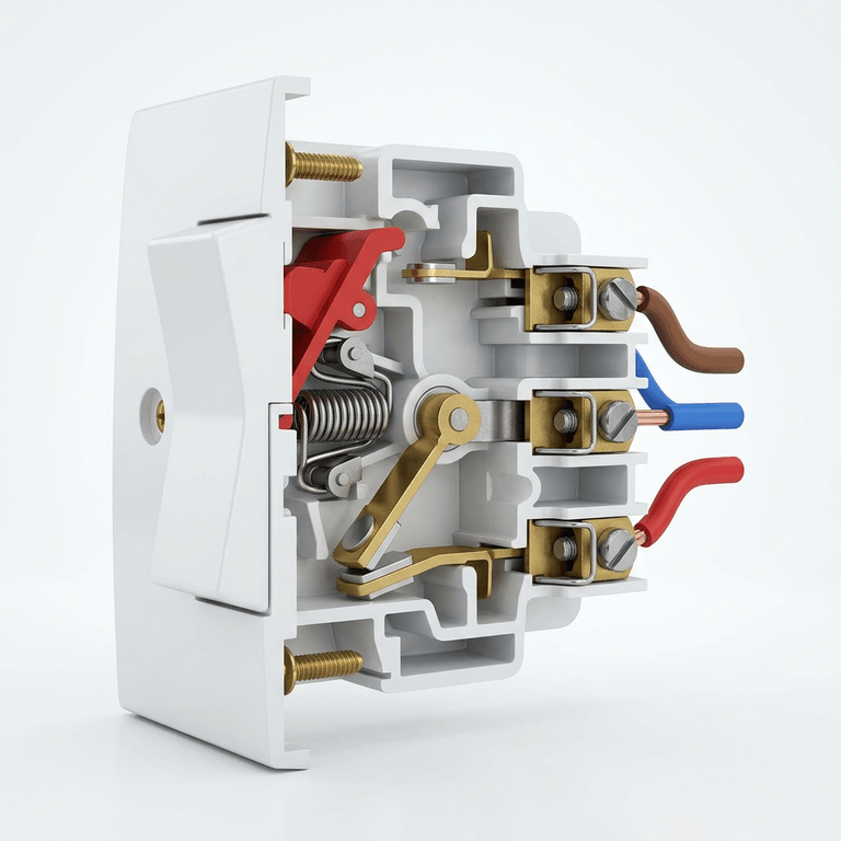 Cutaway of a two-way switch showing the rocker, changeover contact, common terminal and the two strapper terminals